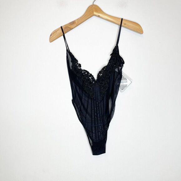 NEW Vintage 90s Rebecca Intimates Small High Cut Black Sheer Negligee Bodysuit - Picture 2 of 10